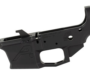 Black polymer AR-15 lower receiver, side view showing trigger guard and magazine well (firearm component).