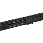 AR-15 style upper receiver with a long quad-rail handguard and muzzle device, shown in black on a white background
