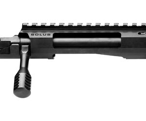 Close-up of a black rifle upper receiver with a Picatinny rail on top and a charging handle marked SOLUS