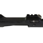 Black AR-style rifle receiver component viewed from the side with top rails