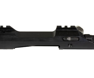Side view of a black handgun slide with rails and sights on a white background (firearm component).