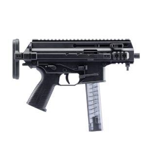 Side view of a black compact submachine gun with a transparent curved magazine against a white background.