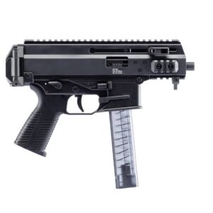 Close-up of a black modern assault rifle's upper receiver with a transparent magazine.