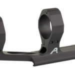 Two-ring rifle scope mount on a base, used to attach a scope to a firearm's rail.