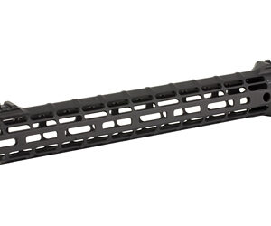 Black AR-15/M16-style rifle handguard with long Picatinny rails and vented sides.