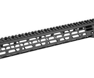 Long black rifle handguard with a top Picatinny rail and multiple M‑LOK slots along the sides.