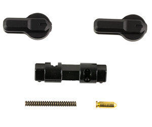 Set of small black mechanical parts: two levers, a central connector, a coil spring, and a gold pin.