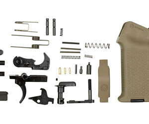 Disassembled handgun parts laid out on a white background with a tan grip module on the right.