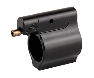 Black clamp-on firearm accessory with a circular bore and a small brass tube protruding from the side.