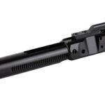 Black AR-style rifle barrel with a muzzle brake and handguard, shown from the left.