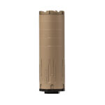 Tan cylindrical rifle suppressor (silencer) viewed from the side with end caps visible at both ends