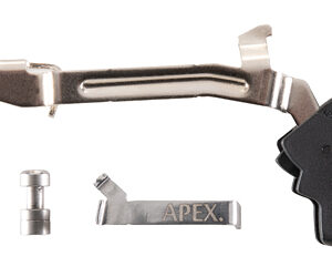Disassembled SRAM Apex bicycle brake/shift lever components: curved metal lever, small pin, branded connector piece, and black trigger housing on white background.