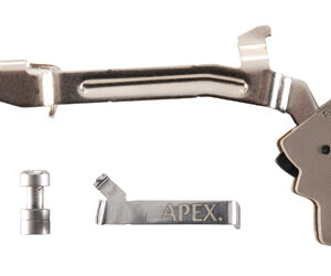 Curved metal handheld tool with jaws and a trigger, accompanied by a small pin and a metal clip labeled APEX.