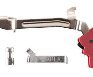 Metal hand rivet gun with a red handle and three accompanying rivet components on a white background.