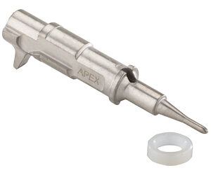 Metal precision nozzle with a tapered tip and a side clamp, labeled APEX, shown alongside a small white circular gasket.