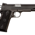 Side view of a black semi-automatic handgun with a textured grip.
