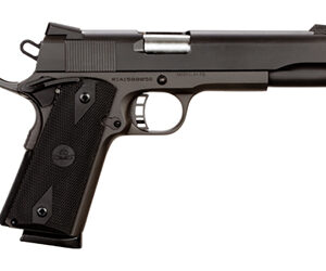 Side view of a black semi-automatic handgun with a textured grip.