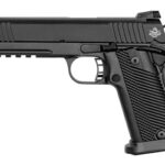 Black semi-automatic pistol shown in profile with a textured grip and accessory rail on a white background