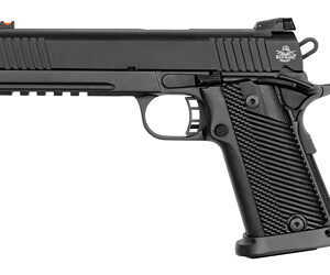 Black semi-automatic pistol shown in profile with a textured grip and accessory rail on a white background