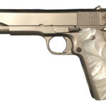 Side view of a silver semi-automatic pistol with a pearl-style grip.