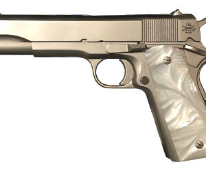Side view of a silver semi-automatic pistol with a pearl-style grip.