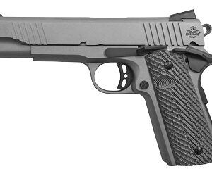 Side view of a silver semi-automatic pistol with a textured grip and safety features visible on the frame.