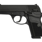 Black semi-automatic handgun shown in profile with a textured grip.