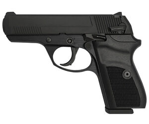 Black semi-automatic handgun shown in profile with a textured grip.