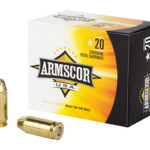 Armscor USA pistol ammunition box labeled 20 rounds, with two brass cartridge bullets placed beside it.