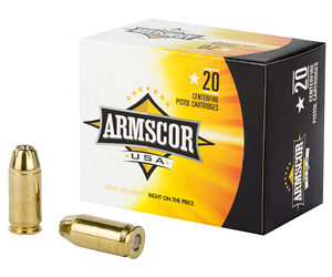 Armscor USA pistol ammunition box labeled 20 rounds, with two brass cartridge bullets placed beside it.