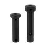 Two black cylindrical pins with holes near the top, of different heights.