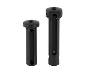 Two black cylindrical pins with holes near the top, of different heights.
