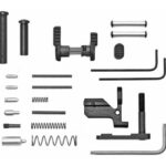 Assorted hardware toolkit: bolts, pins, springs, screws, and L-shaped hex wrenches arranged on a white background.