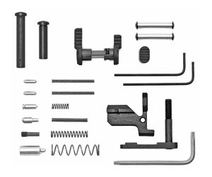 Assorted hardware toolkit: bolts, pins, springs, screws, and L-shaped hex wrenches arranged on a white background.