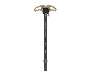 Ice axe with black shaft and tan metal head used for ice climbing and gripping ice.