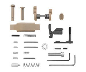 Assorted small hardware parts, including pins, springs, rods, screws, and a tan plastic component, arranged on a white background.