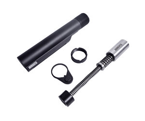 Camera cleaning kit components: a black cylindrical case, two circular clamps, and a flexible wand with a nozzle for cleaning lens elements.