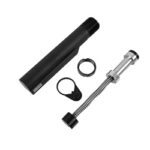 Set of pump components: a black cylindrical handle, a flexible coiled metal hose with a nozzle, and small connector rings.