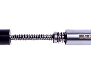 Disassembled AR-15 rifle buffer with black end cap, coiled spring, and silver cylindrical weight marked ARMASPEC