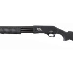 Black pump-action shotgun with a ribbed fore-end and black synthetic stock on a white background