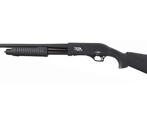 Black pump-action shotgun with a ribbed fore-end and black synthetic stock on a white background