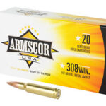 Armscor USA .308 Winchester ammunition box with two copper full-metal-jacket rounds beside it (20 rounds in package).