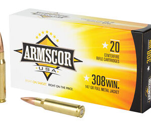Armscor USA .308 Winchester ammunition box with two copper full-metal-jacket rounds beside it (20 rounds in package).