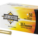 ARMSCOR USA .357 Magnum 158 grain FMJ centerfire cartridges box (50 rounds) with two brass cartridges beside it.