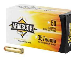 ARMSCOR USA .357 Magnum 158 grain FMJ centerfire cartridges box (50 rounds) with two brass cartridges beside it.