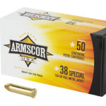 Armscor USA .38 Special pistol ammunition box (50 rounds, 158 gr FMJ) with two bullets beside it.