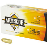 Armscor USA .380 Auto pistol cartridges box with yellow gradient, plus two brass bullets beside it