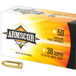 Armscor USA ammunition box for .38 Super, 50 cartridges, with two brass bullets beside it.