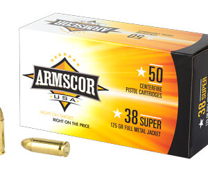 Armscor USA ammunition box for 50 centerfire pistol cartridges with two loose bullets beside it, shown on a white background.