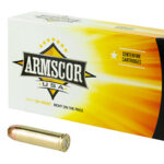 Armscor USA centerfire cartridge box with two brass rifle rounds placed beside it.